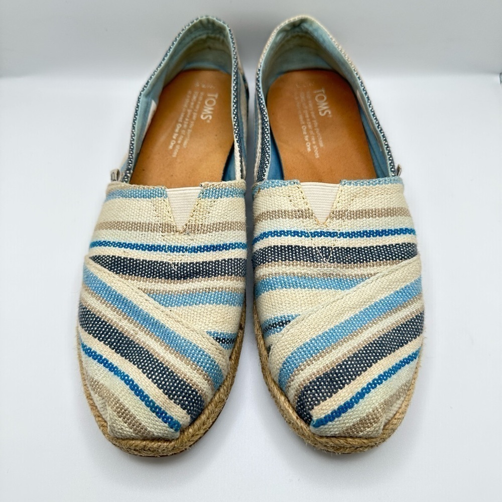 TOMS Woven Stripe Alpargata Espadrilles Flat Shoes Blue/Cream Women’s Sz 7.5